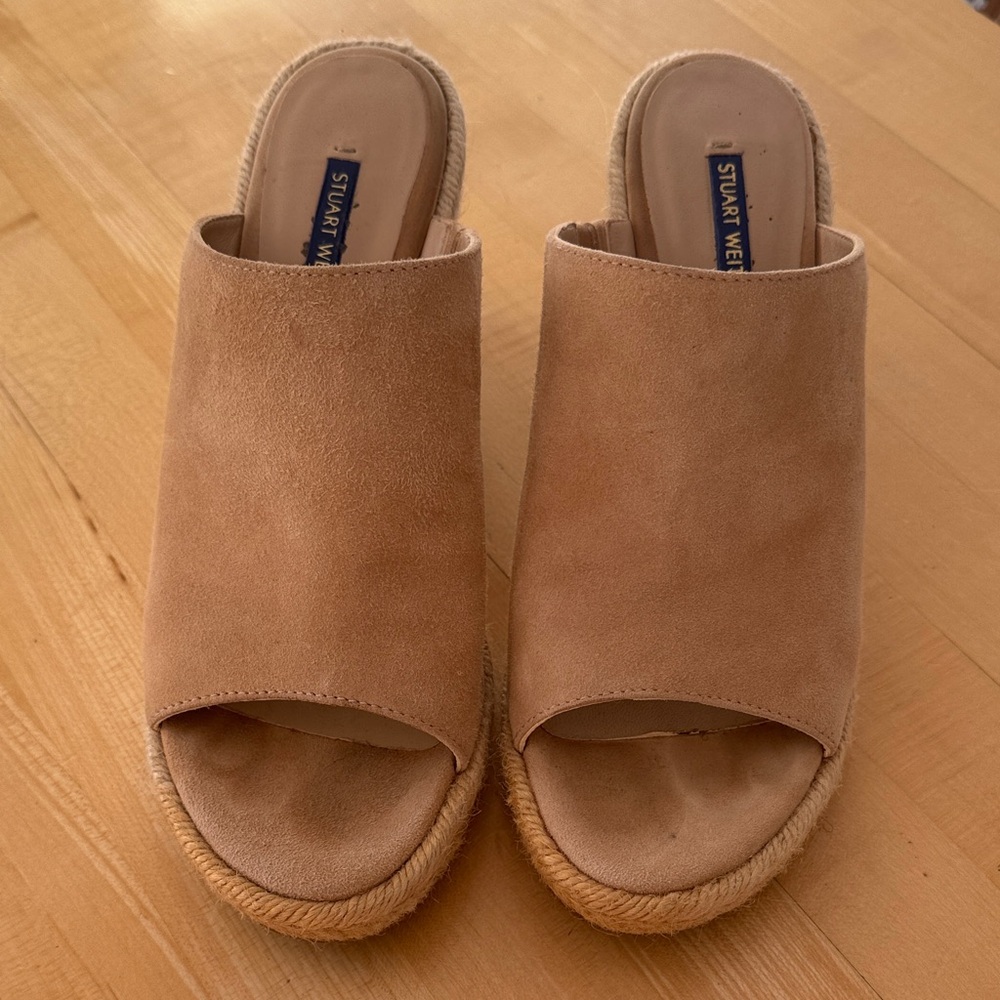 Stuart Weitzman Taupe Suede Espadrille Mule Slides